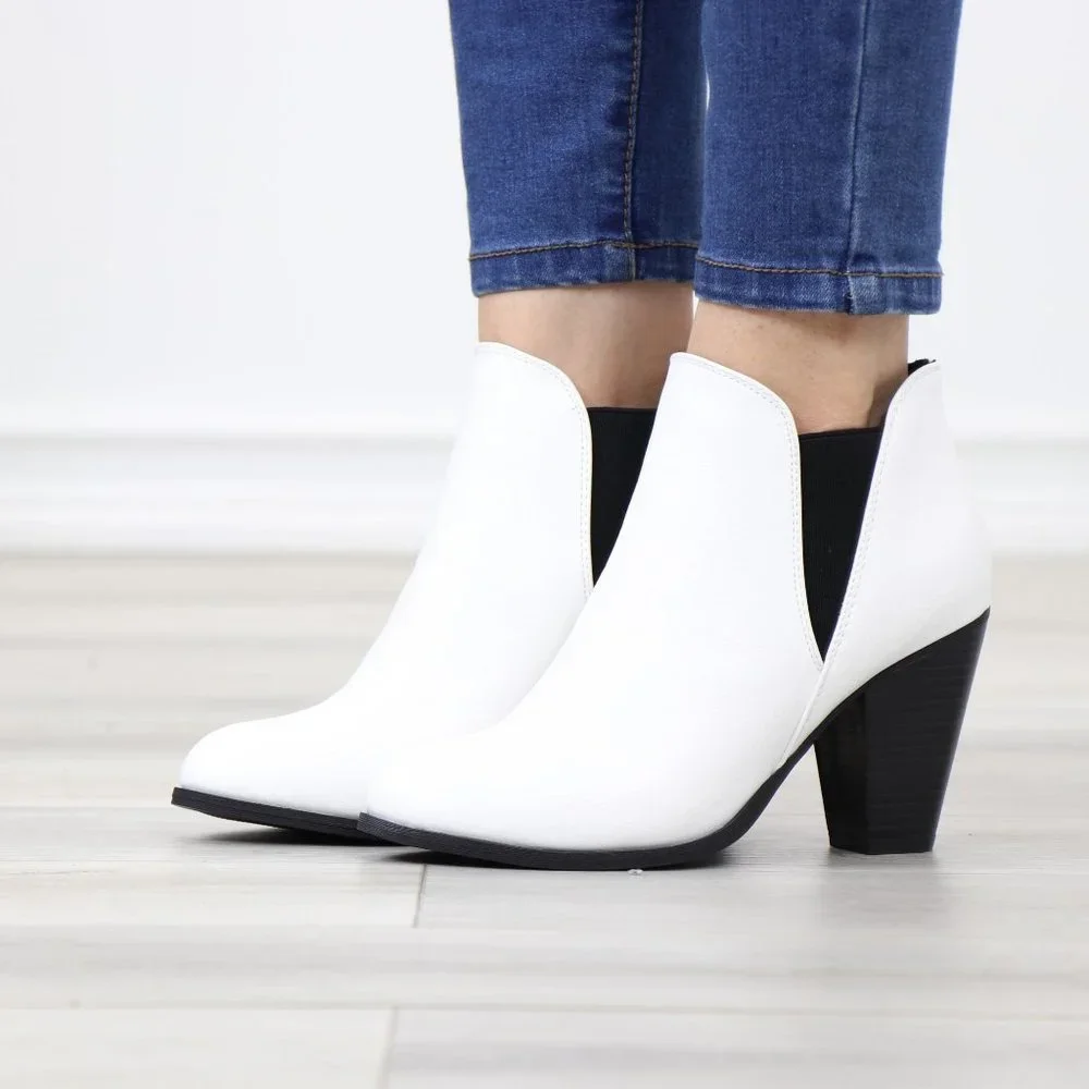 Chelsea Cone High Heel Ankle Boots White Synthetic Leather Pointed Toe - Picture 12 of 12